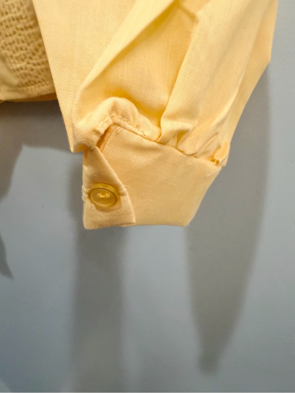 Vintage 70s You Babes Pastel Yellow Ruffle Tuxedo Pleat Blouse Back Button Sz S - Picture 10 of 16